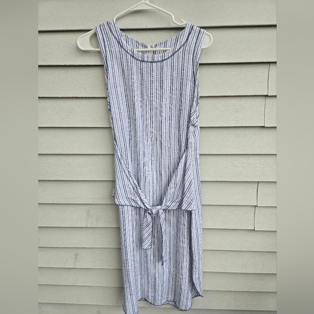 Three Dots Striped 100% Linen Dress Blue, White Sz Mediun Sleeveless